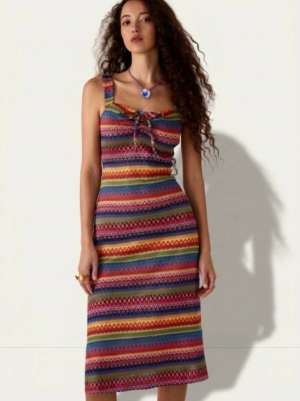 CIDER Kaleidoscope Crochet Knit Tie Front Midi Dress Size L